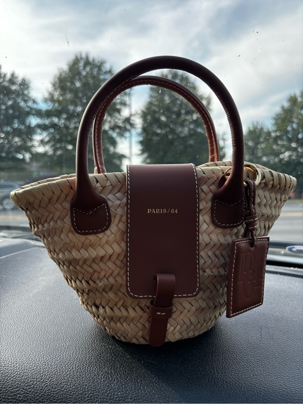 PARIS/64 Mini Straw Basket Bag with Brown Leather Trim